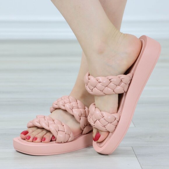 Open Toe Flip Flops Slide Sandal Faux Leather Braided Straps Slipper Slip On - Picture 2 of 13